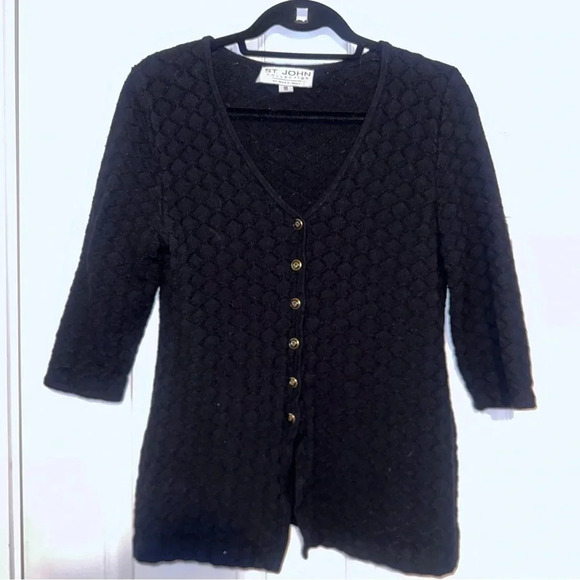 ST JOHN KNIT Black Gold Button Sweater Cardigan 3/4 Sleeve women’s 10 - Picture 1 of 4